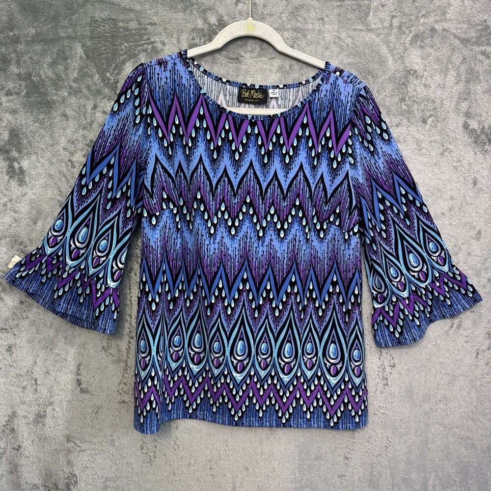 Bob Mackie Wearable Art Womens M Blouse Top Multicolor Abstract  Print blue purp